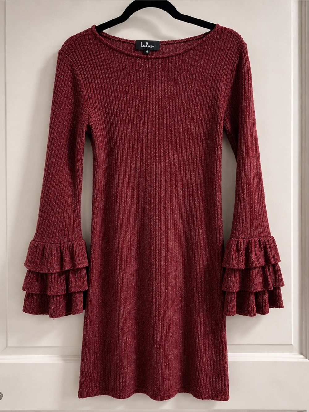 Lulus Ribbed Ruffle-Sleeve Knit Dress in Wine